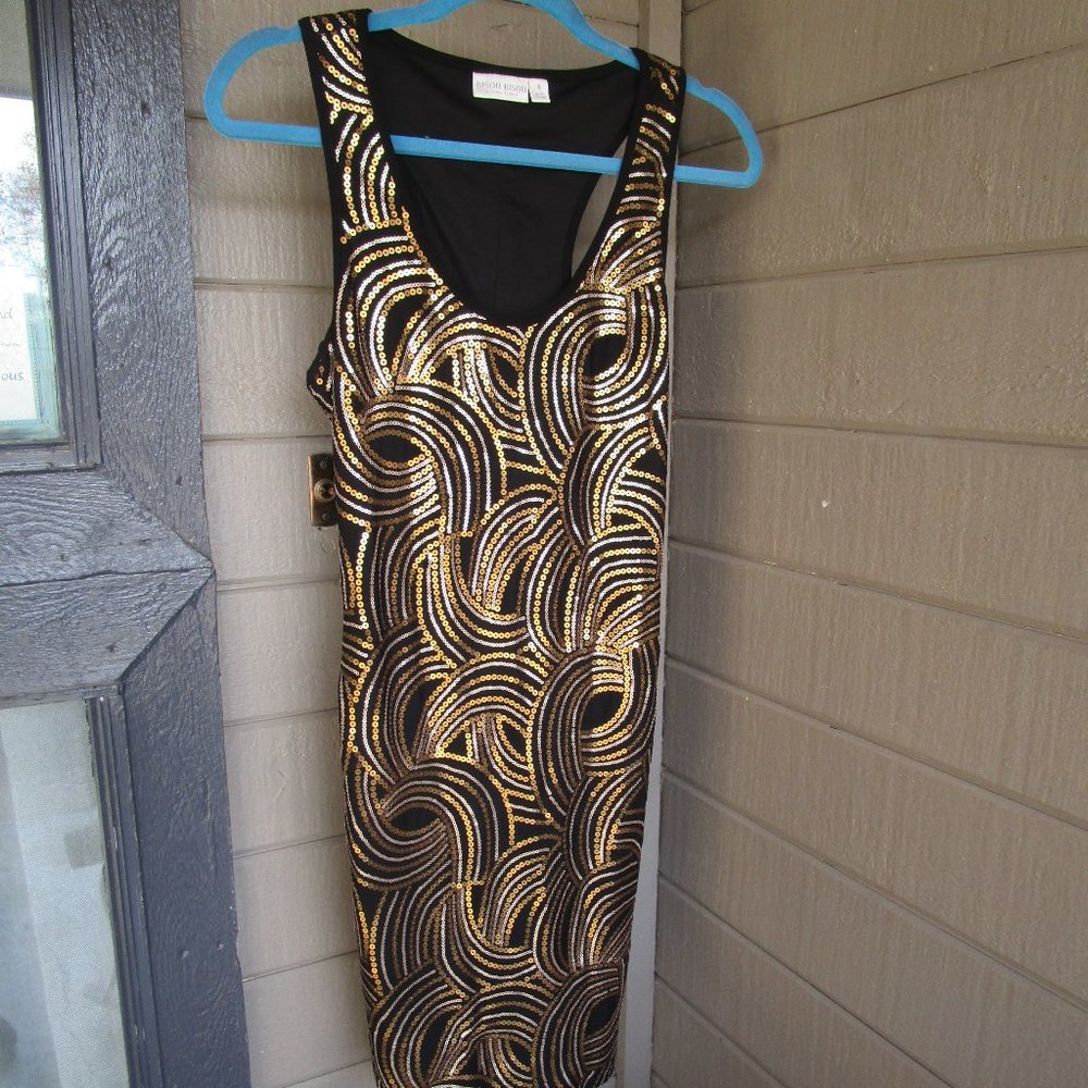 Bisou Bisou Gold & Silver Sequined Black Sleeveless Dress Size 6 NWOT